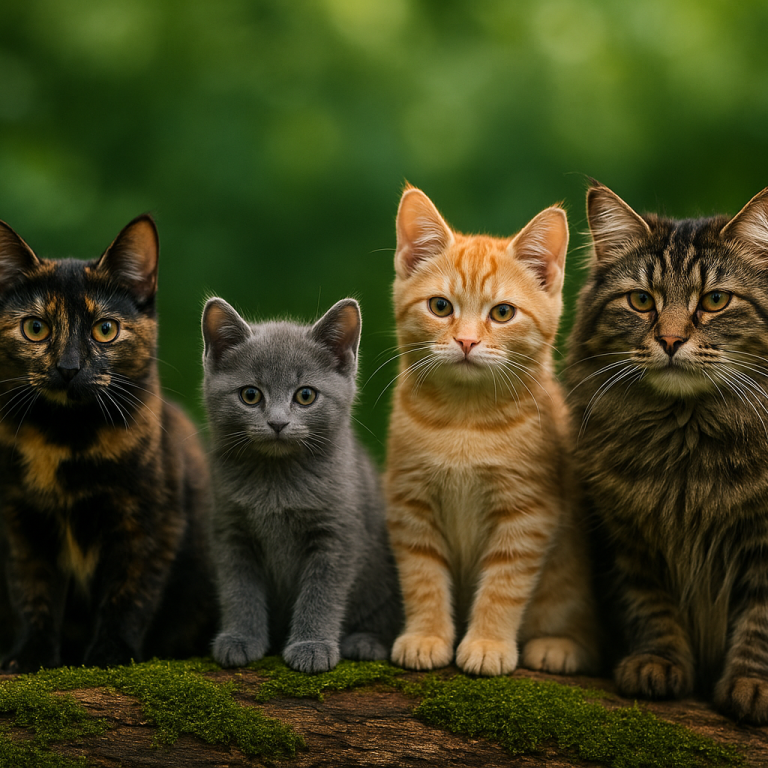 Katzen Grafik Vier Katzen sitzen nebeneinander auf einem Baumstamm vor unscharfem grünem Hintergrund.