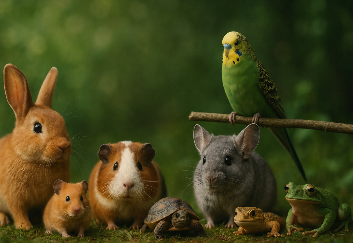 Kleintiere Grafik Eine Gruppe von verschiedenen Tieren: Kaninchen, Meerschweinchen, Hamster, Schildkröte und Frösche.