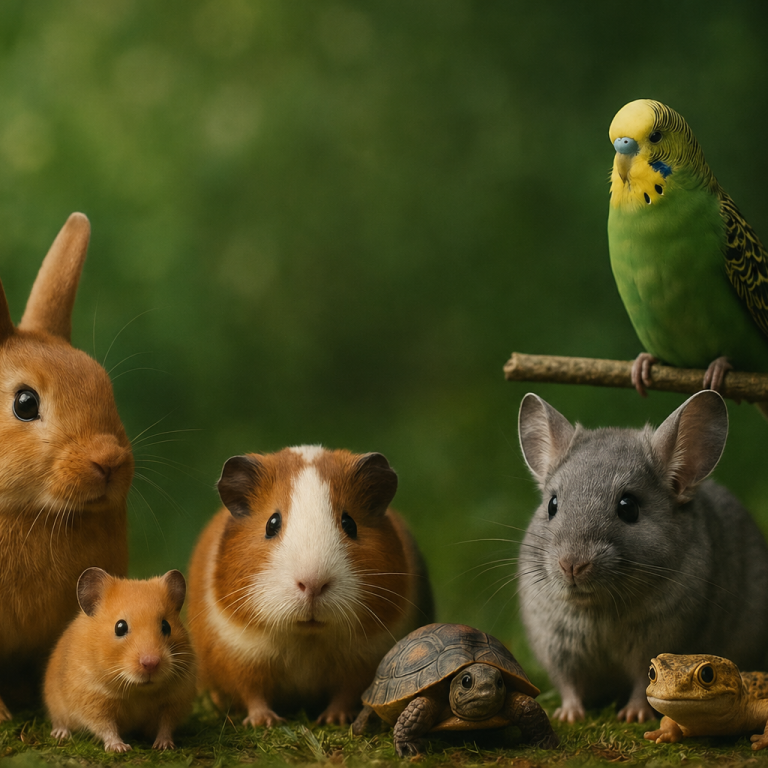 Kleintiere Grafik Eine Gruppe kleiner Tiere: Meerschweinchen, Maus, Schildkröte, Frosch und ein Wellensittich.