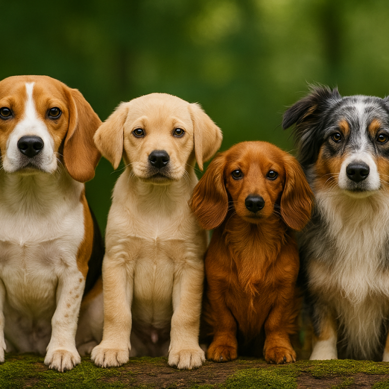 Hunde Grafik Vier Hunde: ein Beagle, ein Labrador, ein Dackel und ein Australian Shepherd.